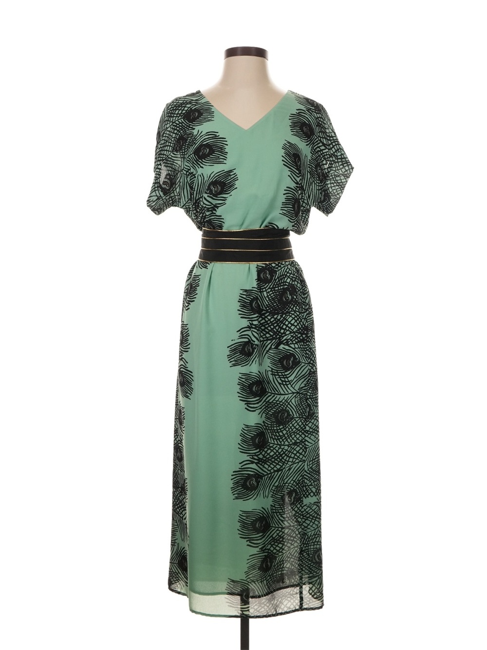 Corey Lynn Calter Mint Green Maxi Dress with Black Feather Motif and Belt